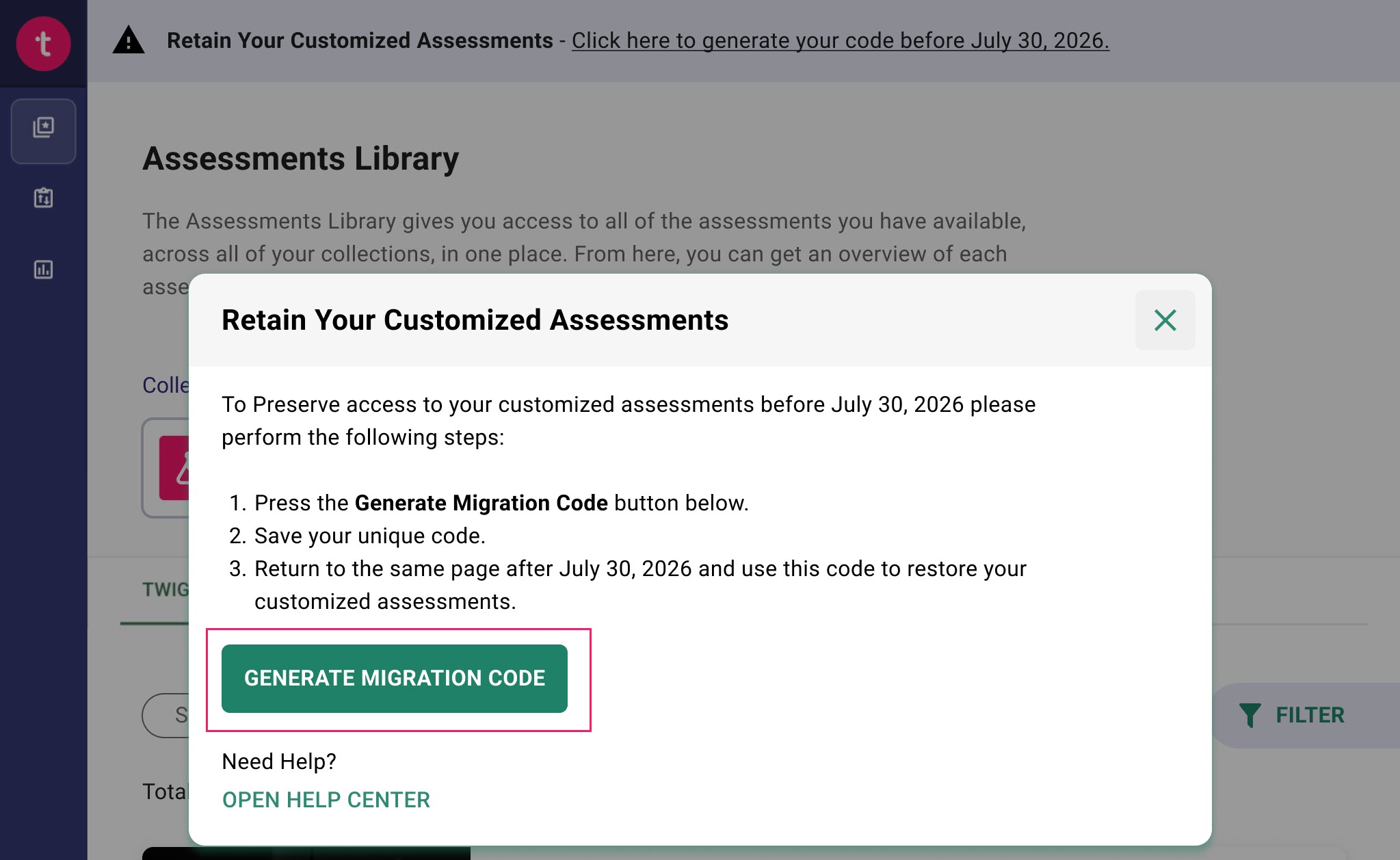 Generate Migration Code button